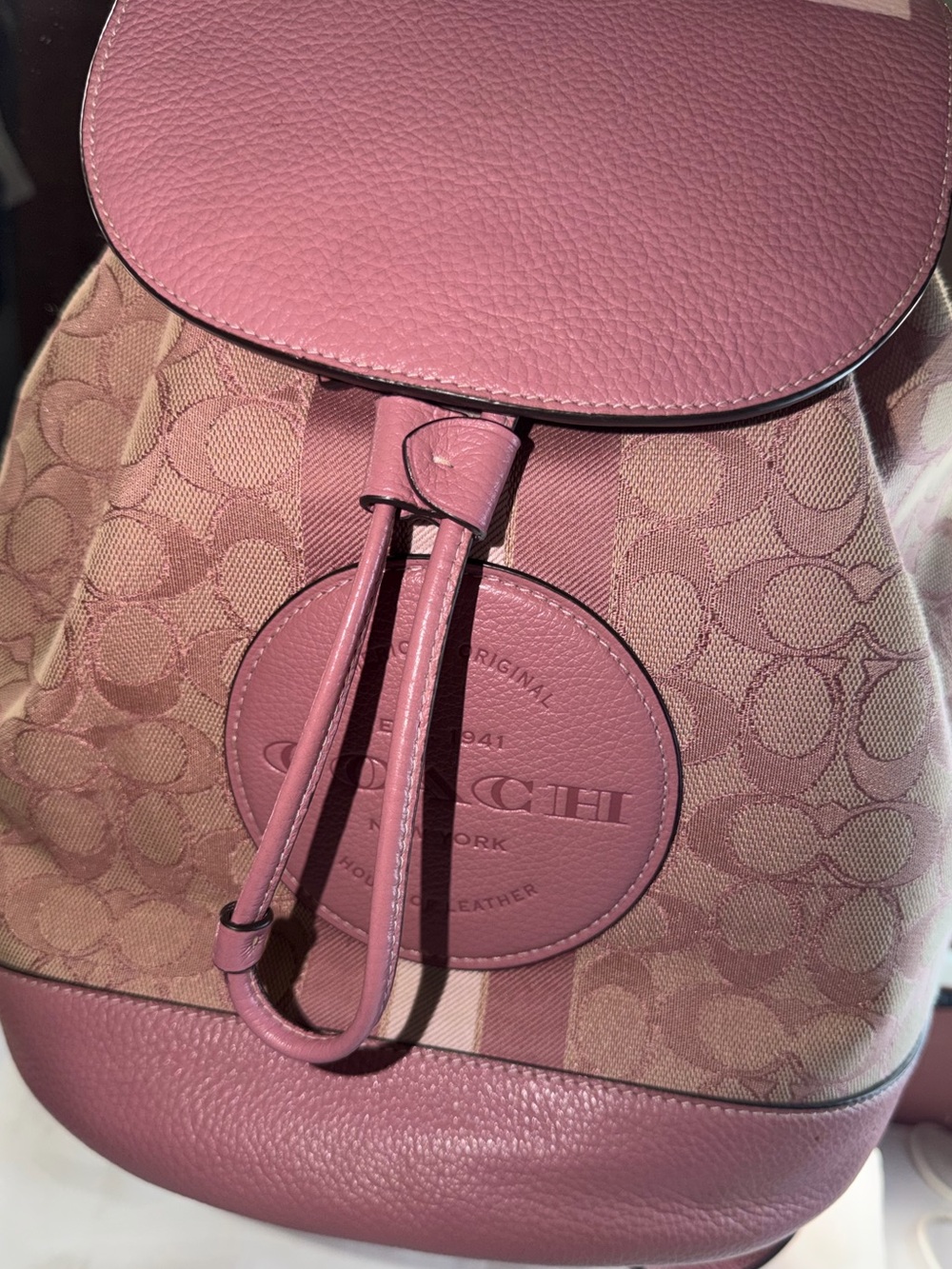 Coach Pink Signature Canvas Drawstring Backpack with Leather Trim